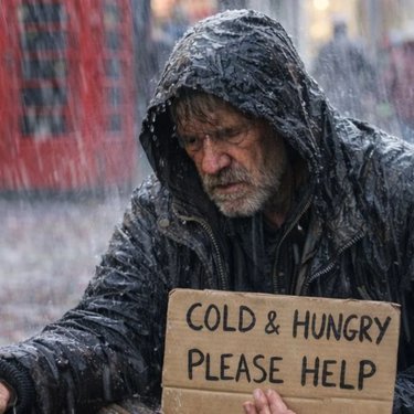 Homeless man in rain