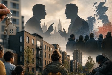 Montage of people in a street and talking over a UK map