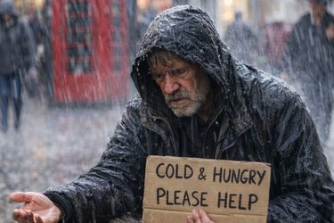 Homeless man in rain