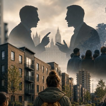 Montage of people in a street and talking over a UK map